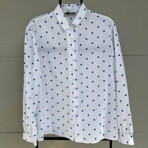 VTG Haberdashery Polka Dot Blouse White Blue Minimal Prep Retro Top L